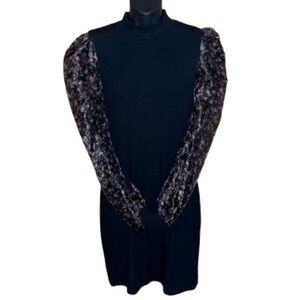 River Island black ribbed midi dress with sheer floral long sleeves NWOT